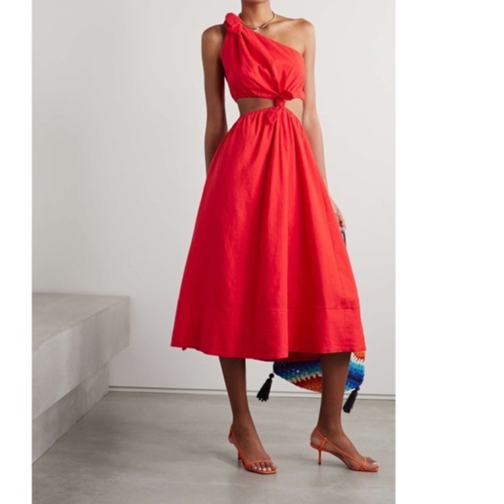 FARM RIO Red One Shoulder Cut Out Tie Front
Midi Linen Blend Aline Dress